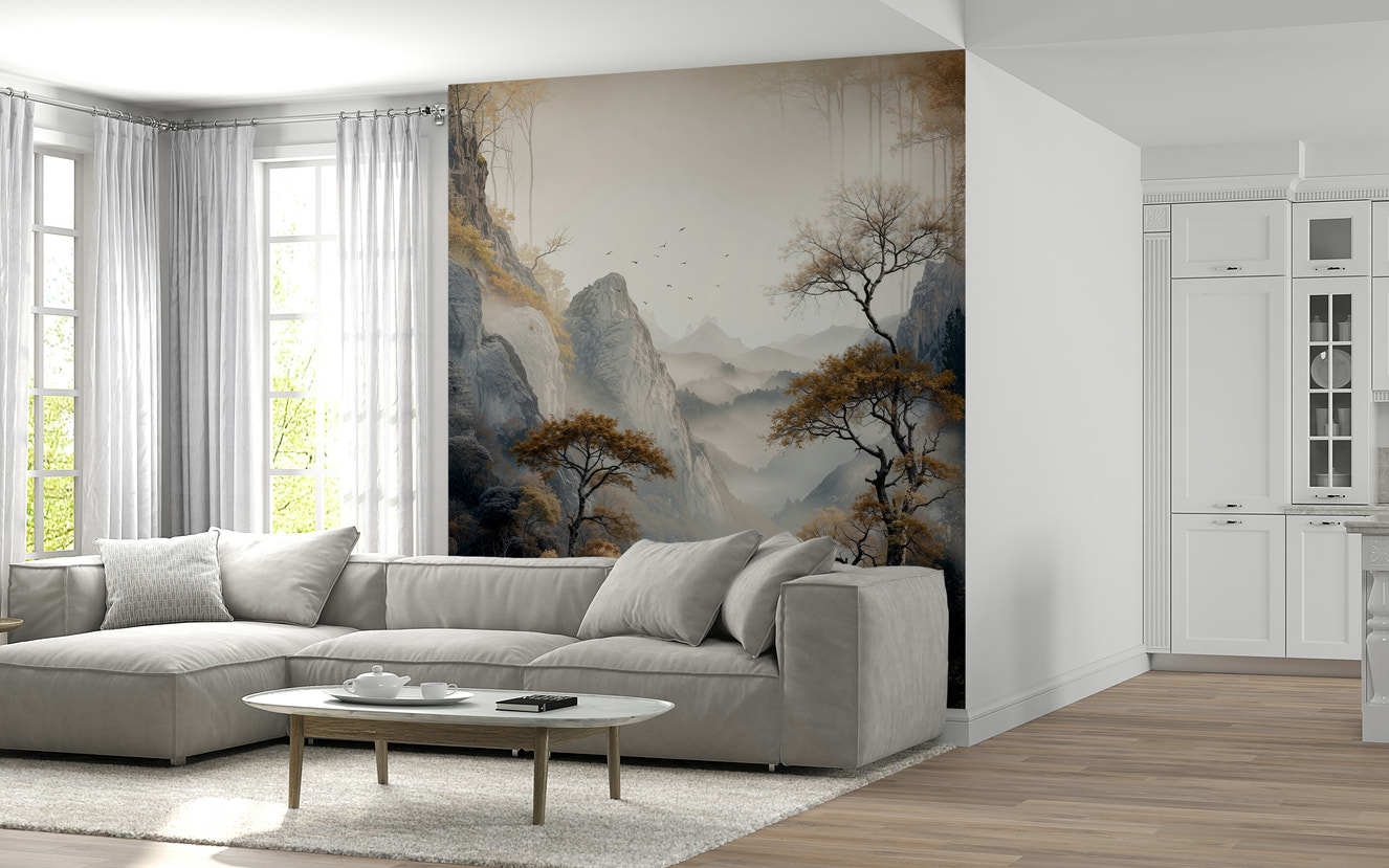 Luxurious living space featuring the beautiful Golden Tree Serenity Wall Mural.