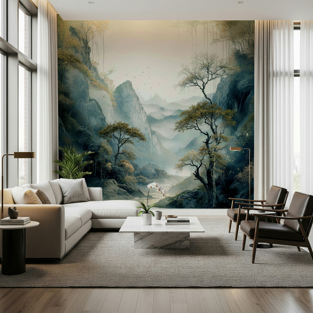 Modern living room featuring the peaceful Quiet River Valley Wall Mural.