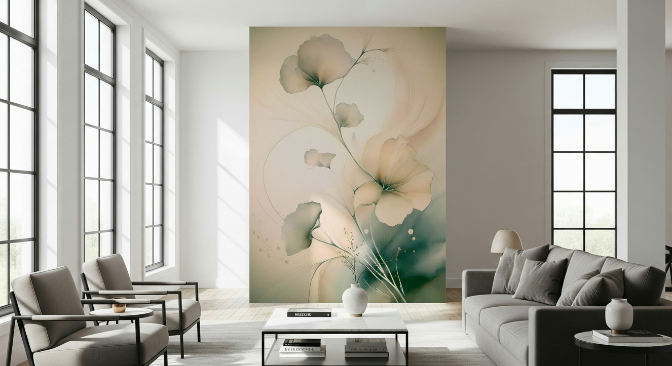 Soft Whispering Petals Wall Mural in a minimalist bedroom.