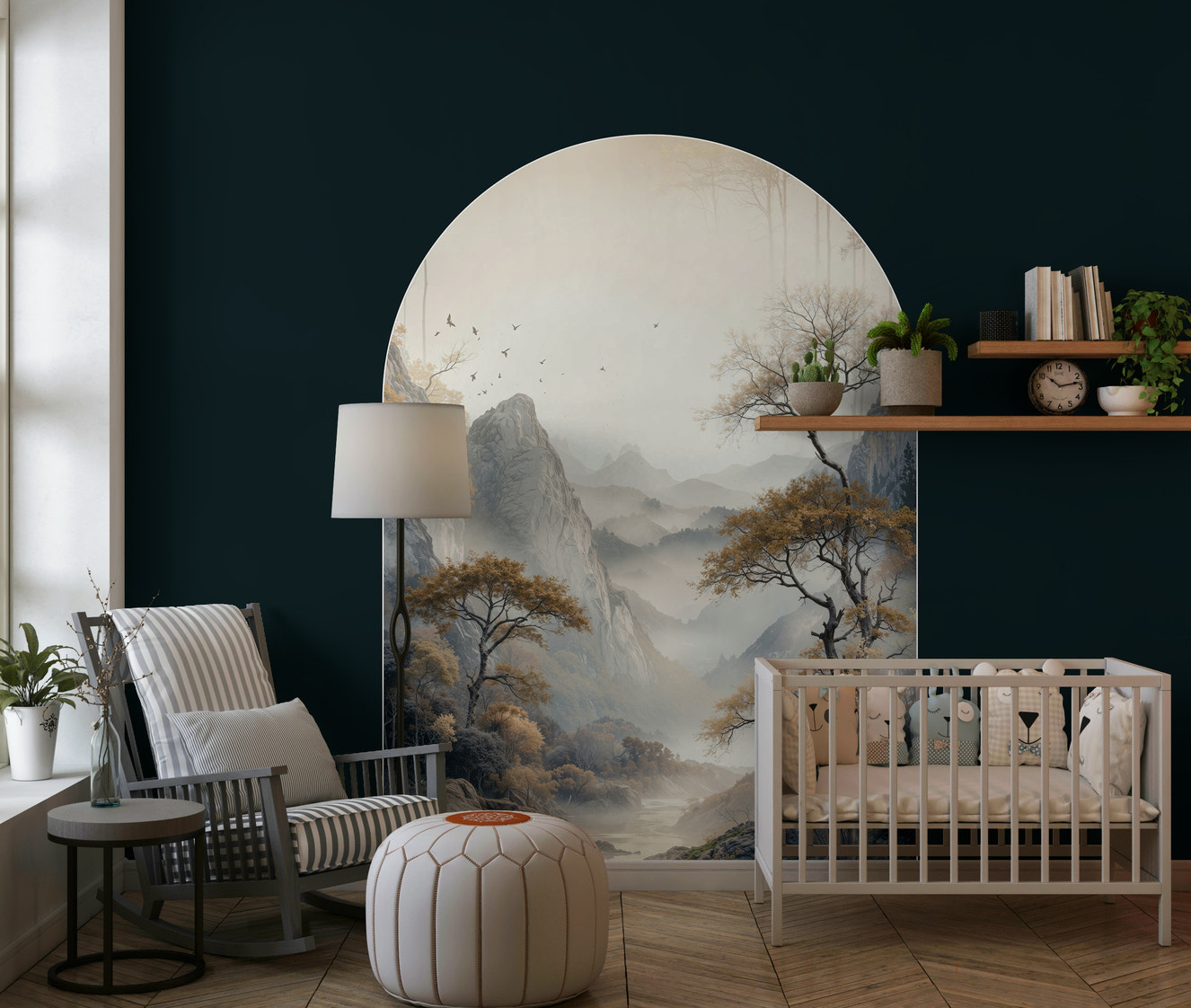 Golden Tree Archway Wall Mural creating a stunning backdrop in a lounge area.