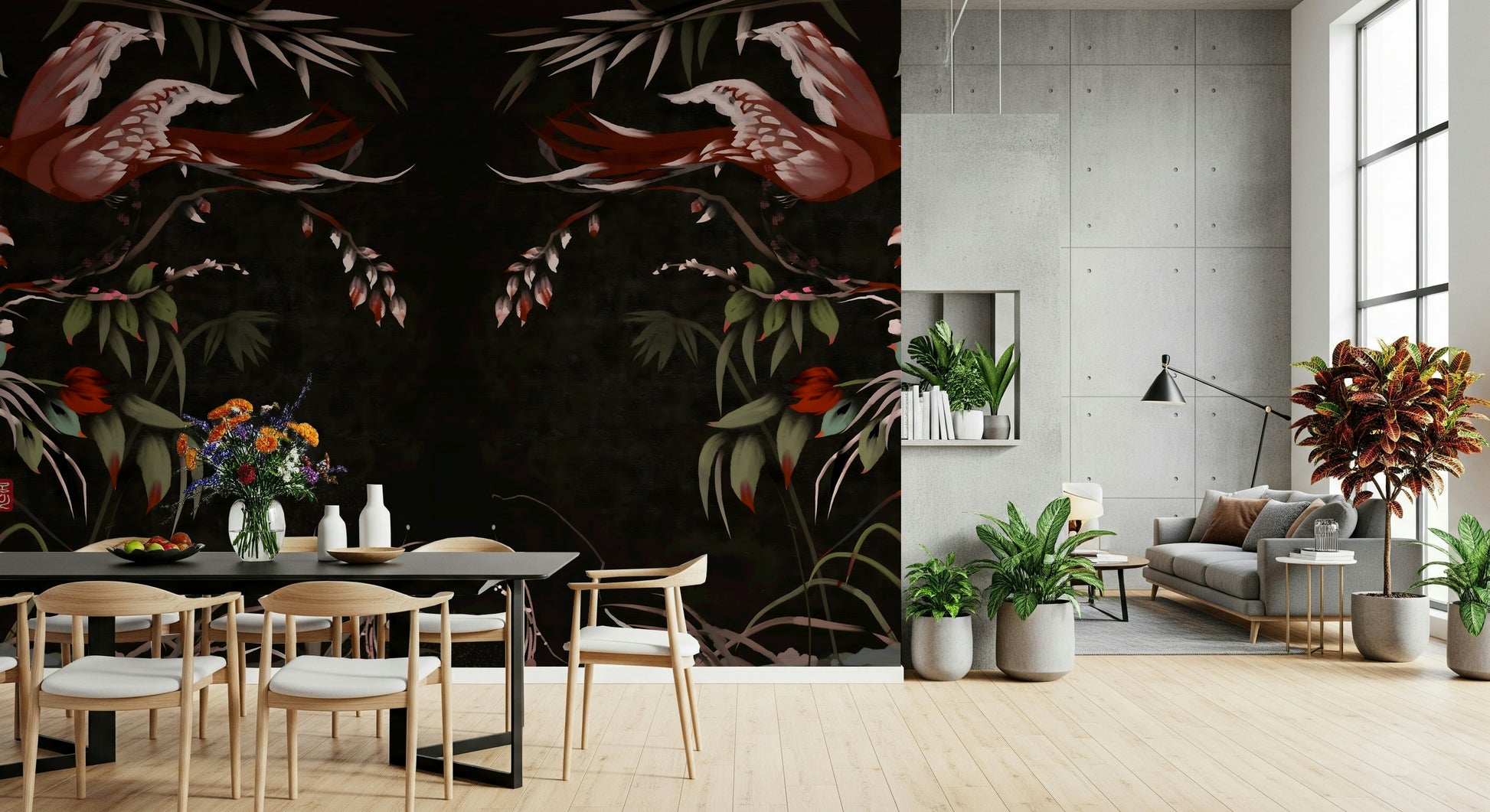 A striking display of the Floral Flight Joseon Inspired peel and stick wallpaper.