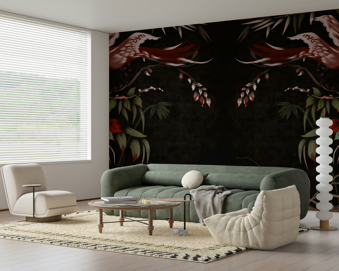 Traditional Korean art style wallpaper for walls behind an elegant console.
