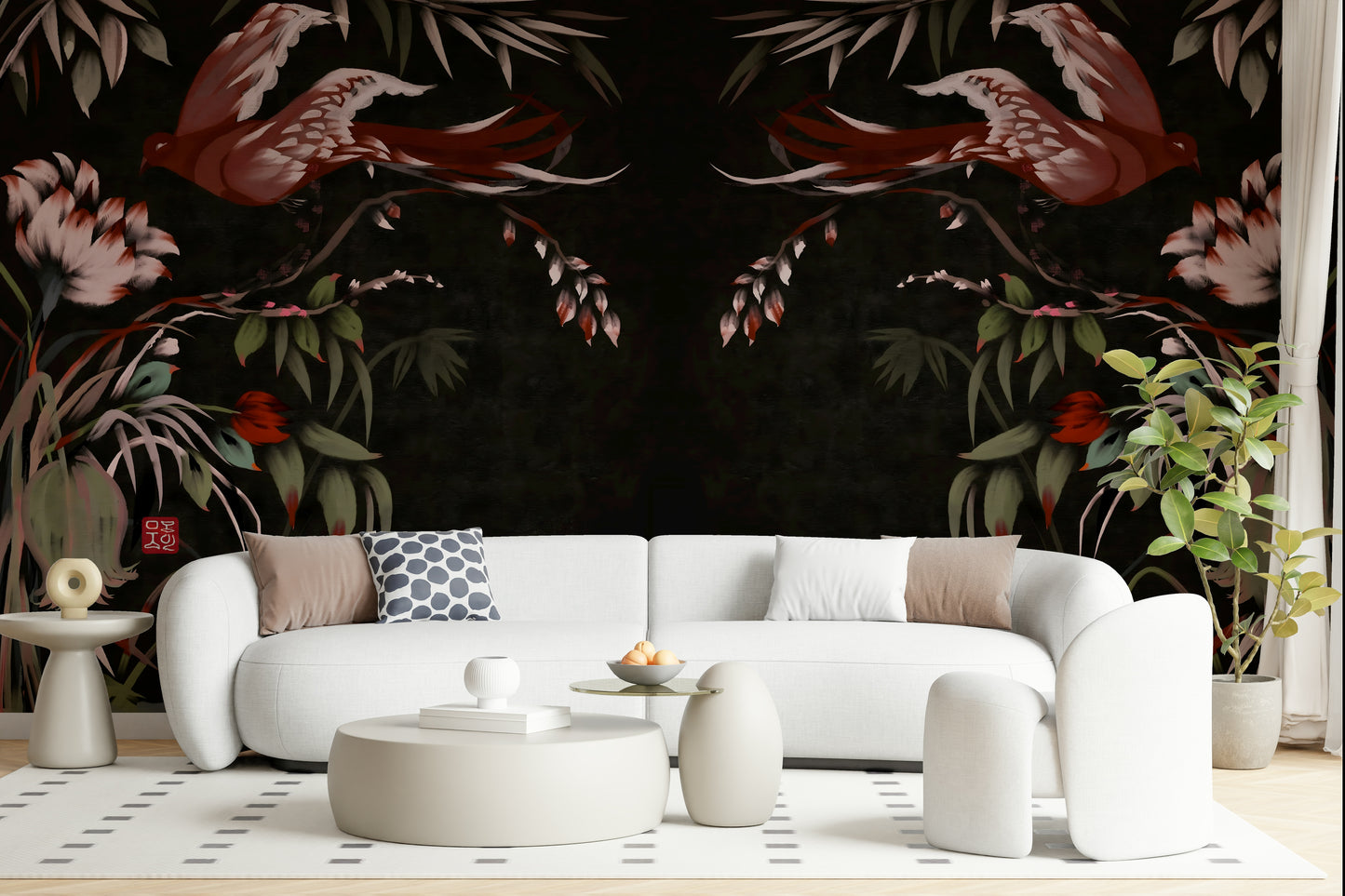 Hand-painted look complementing the Floral Flight Joseon Inspired wallpaper.