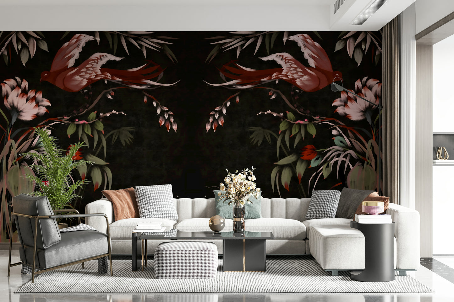 Asian aesthetic of the Floral Flight Joseon Inspired Wall Mural in a living space.