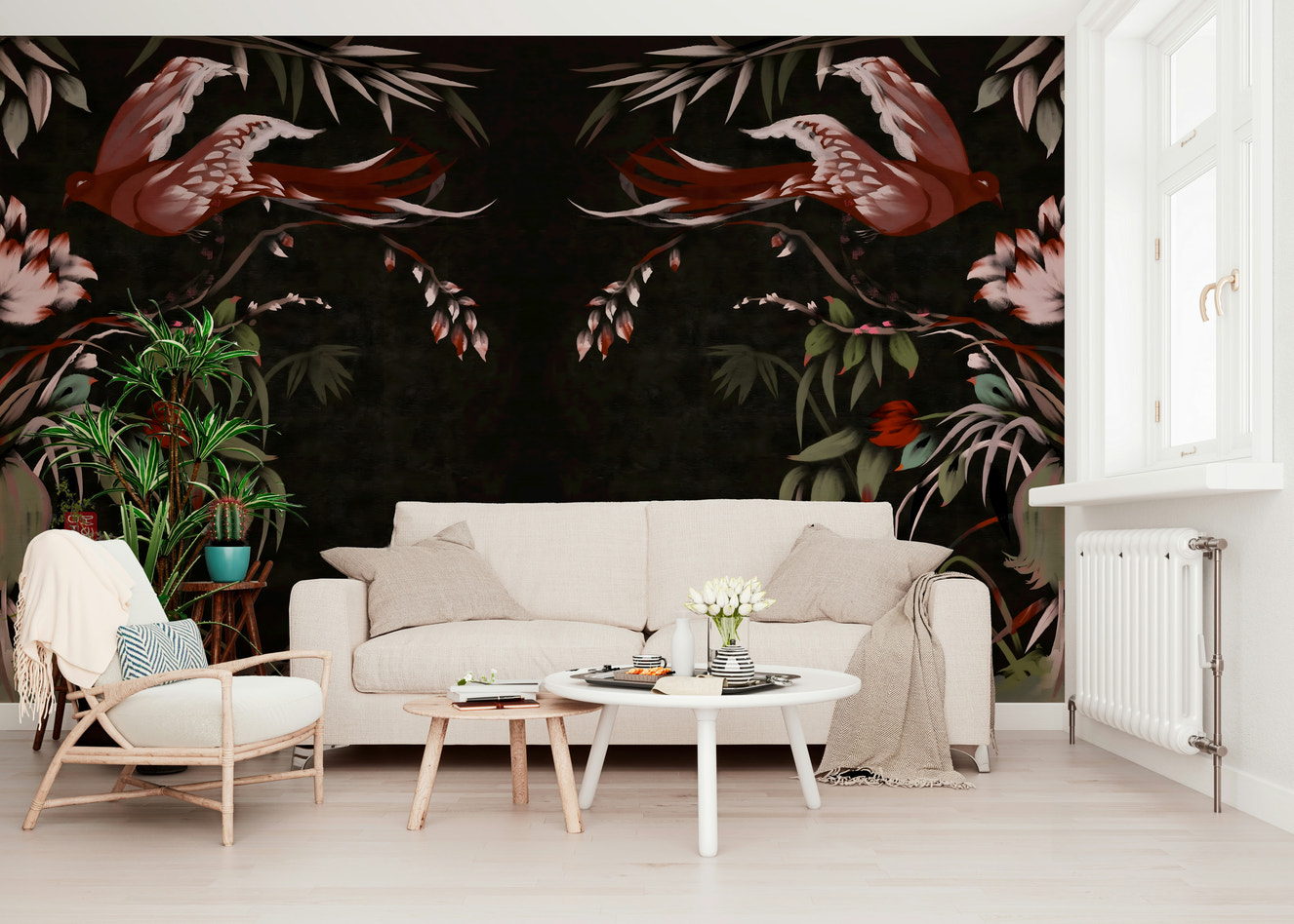 Floral Flight Joseon Inspired Wall Mural in a minimalist bedroom.