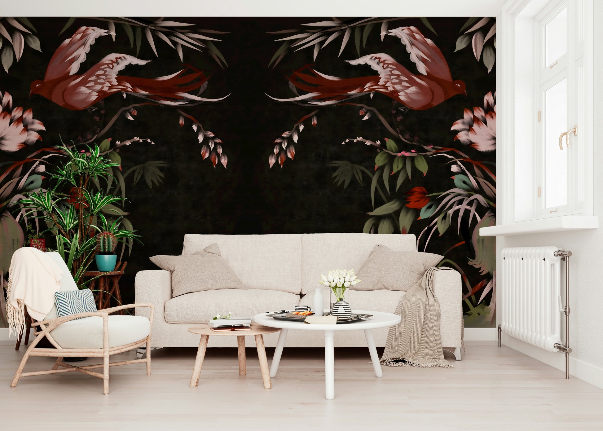 Floral Flight Joseon Inspired Wall Mural in a minimalist bedroom.