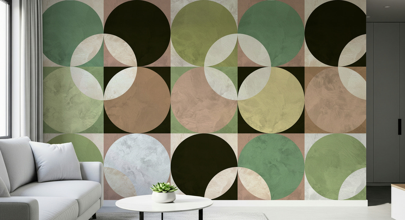 Retro Circle Harmony Wall Mural creating a stylish, dynamic living space.