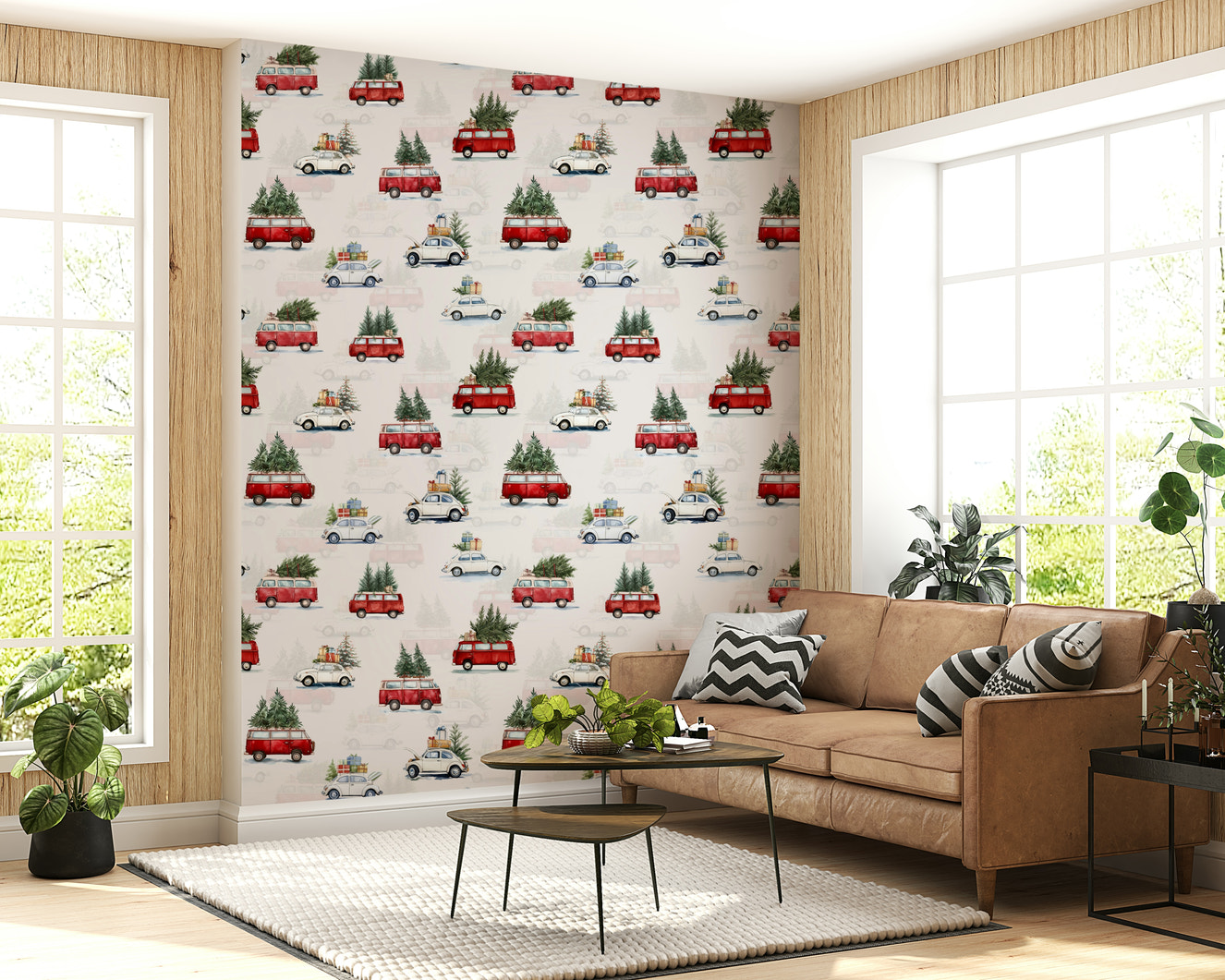 Vintage vehicle motif of Camionette Wallpaper accenting a child's space.