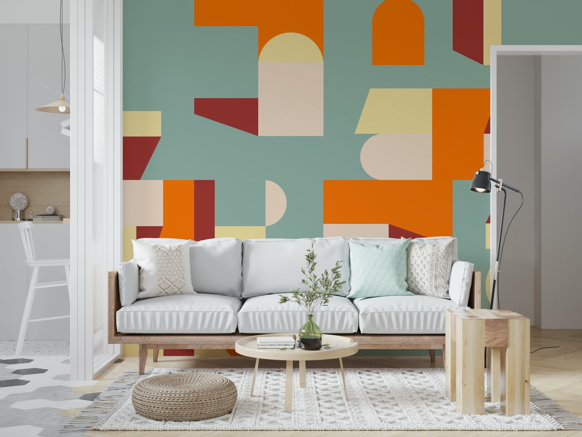 Modern living room featuring Crisp Air and Warmth - Abstract Geometric Wall Mural.