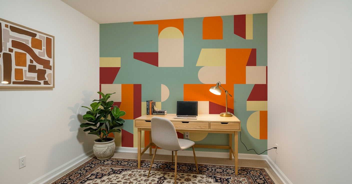 Abstract shapes in the Crisp Air and Warmth geometric mural pattern.