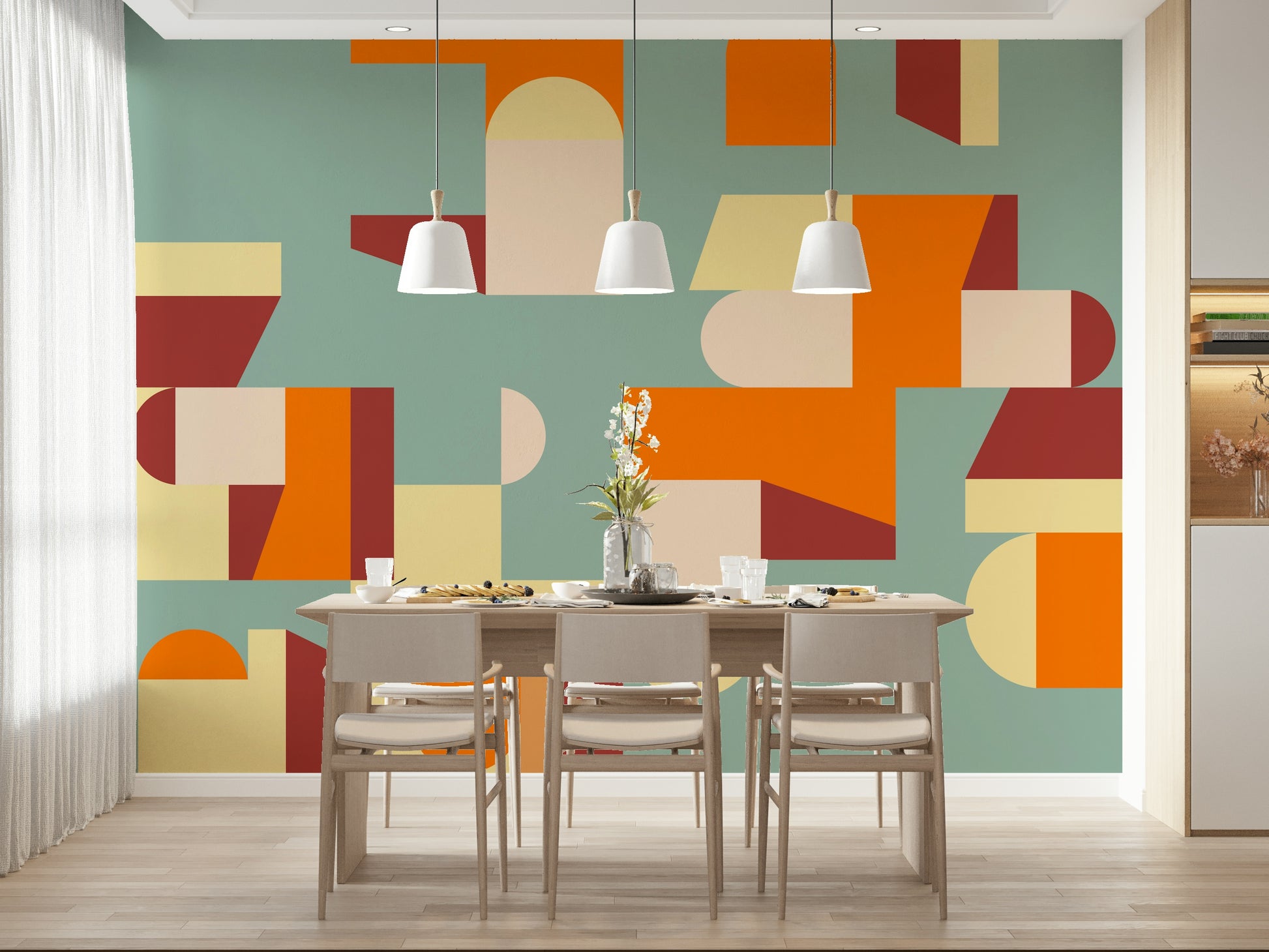 Dining area showcasing the Crisp Air and Warmth wall mural.