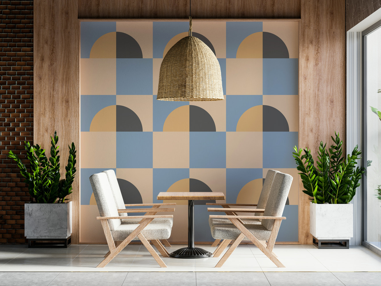 Abstract Sun and Sky Wallpaper behind a curved sofa in a lounge.