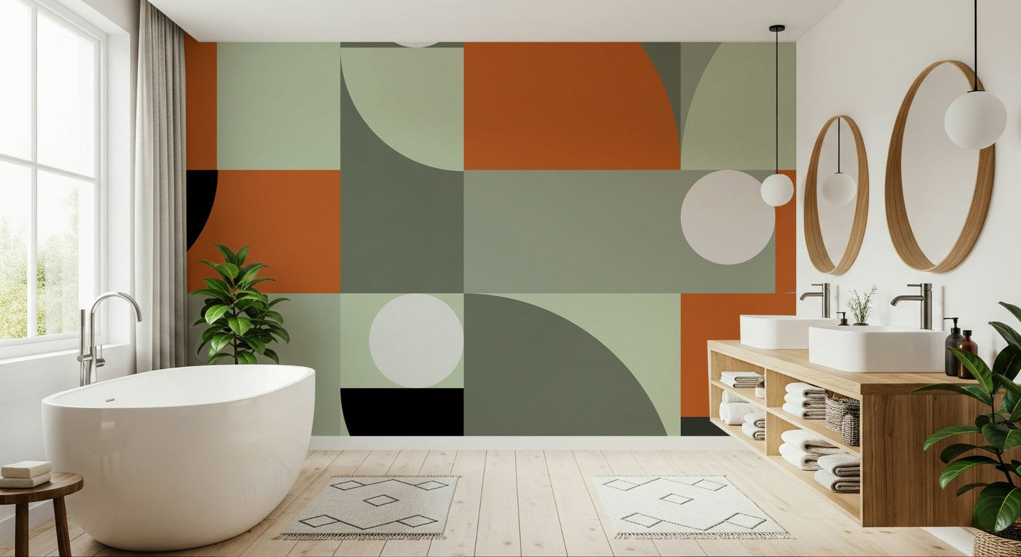 Wide room perspective featuring the dynamic Terracotta and Gray Wall Mural.