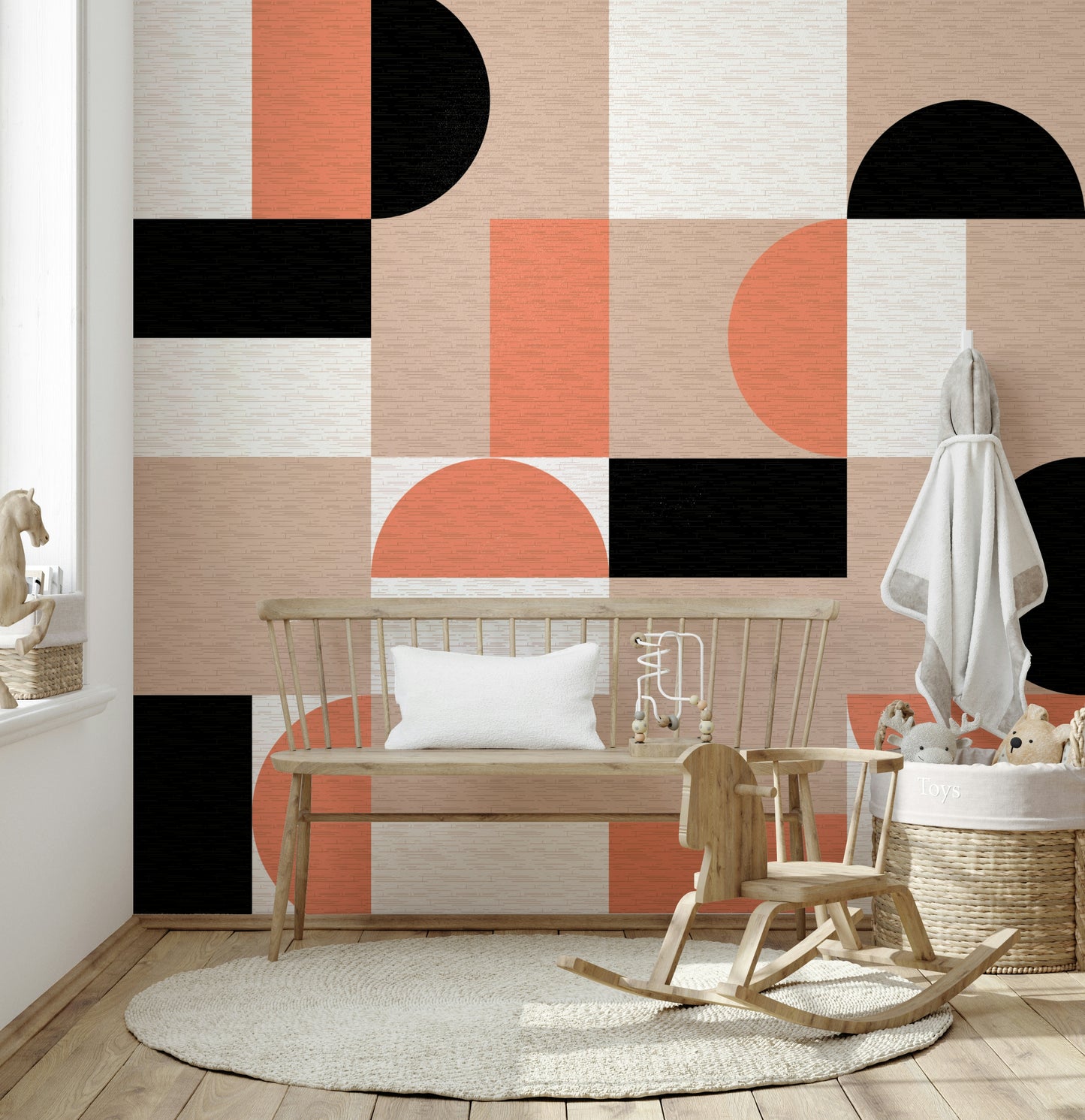 Blush Geometry Wall Mural accent in a bright dining area.
