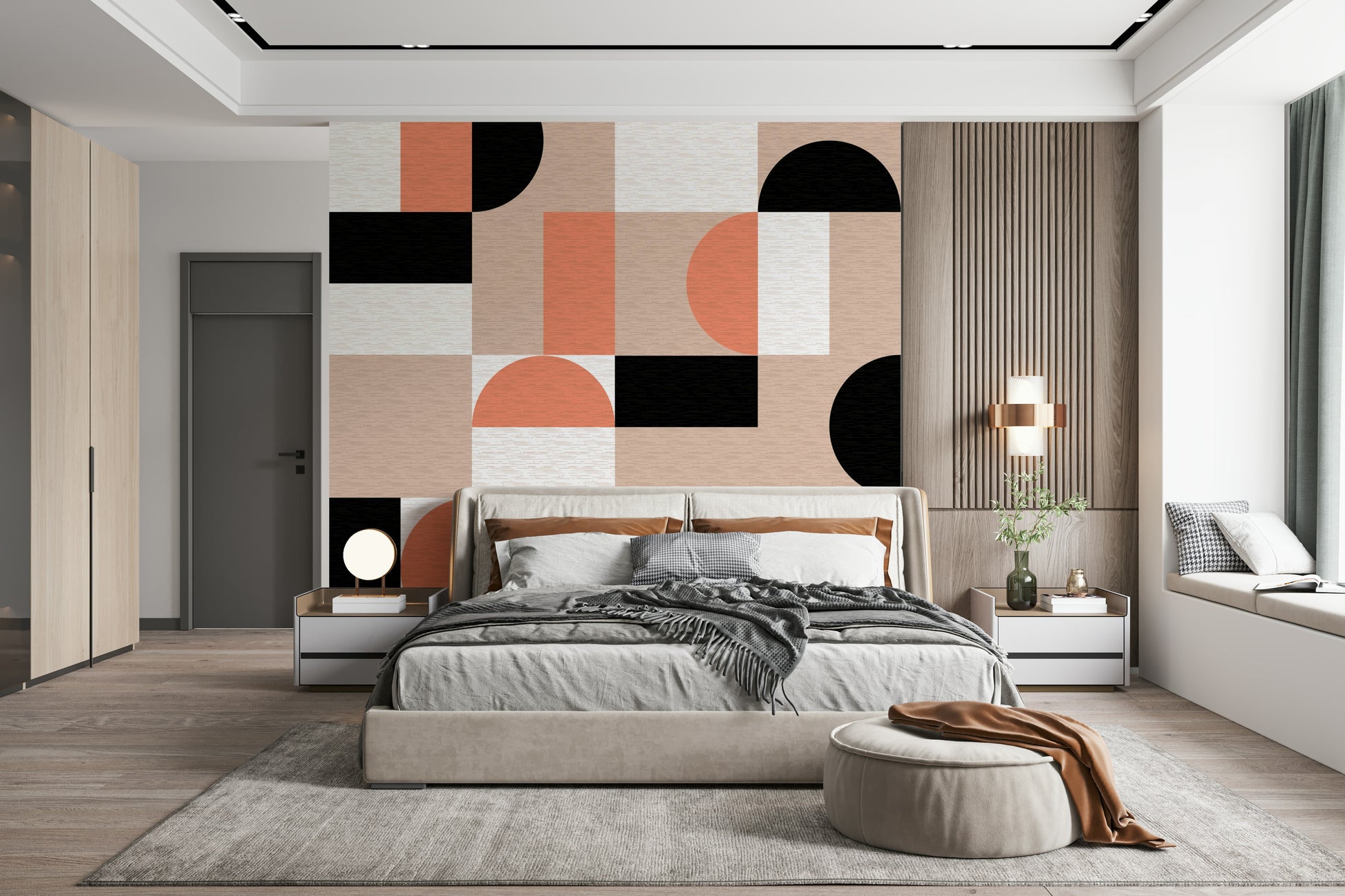 The soft pink and gold tones of the Blush Geometry Wall Mural pattern.
