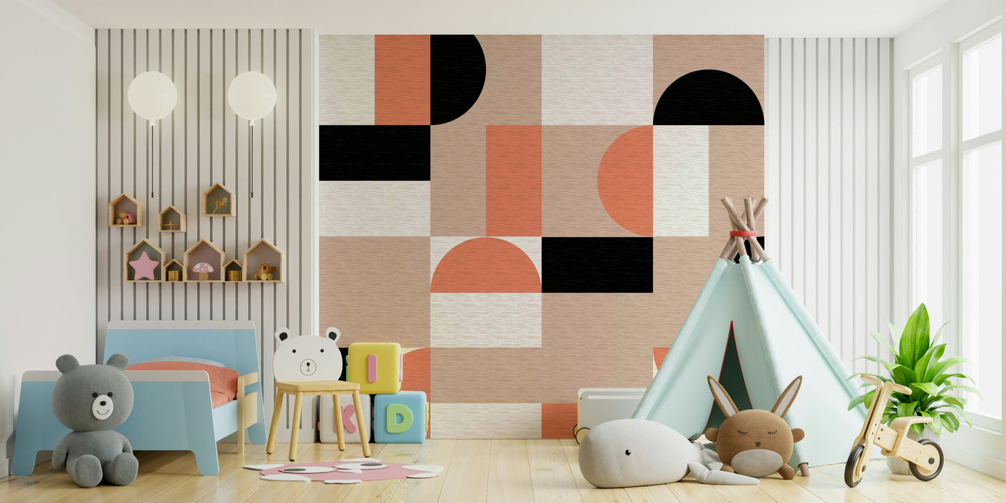 Bedroom wall behind the bed showcasing Blush Geometry Wall Mural.