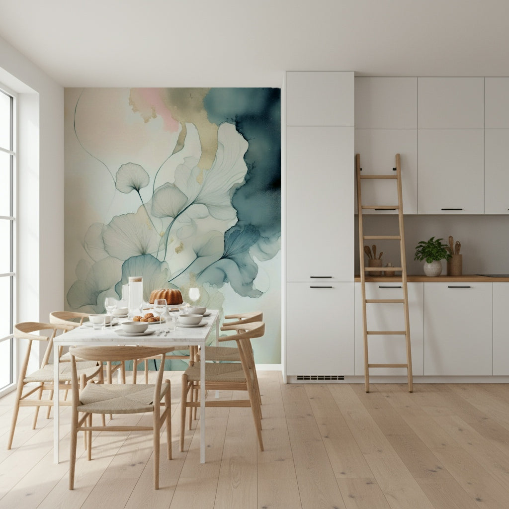 Modern living room with the Translucent Teal Petals Wall Mural.