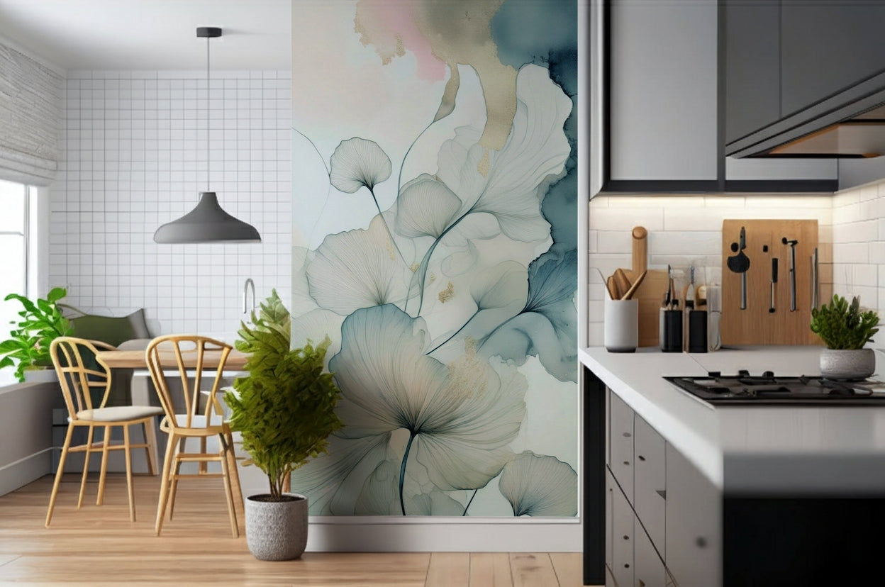A light-filled foyer adorned with Translucent Teal Petals Wall Mural.