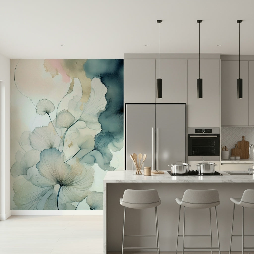 Contemporary dining area with the striking Translucent Teal Petals Wall Mural.