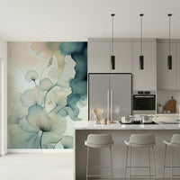 Contemporary dining area with the striking Translucent Teal Petals Wall Mural.