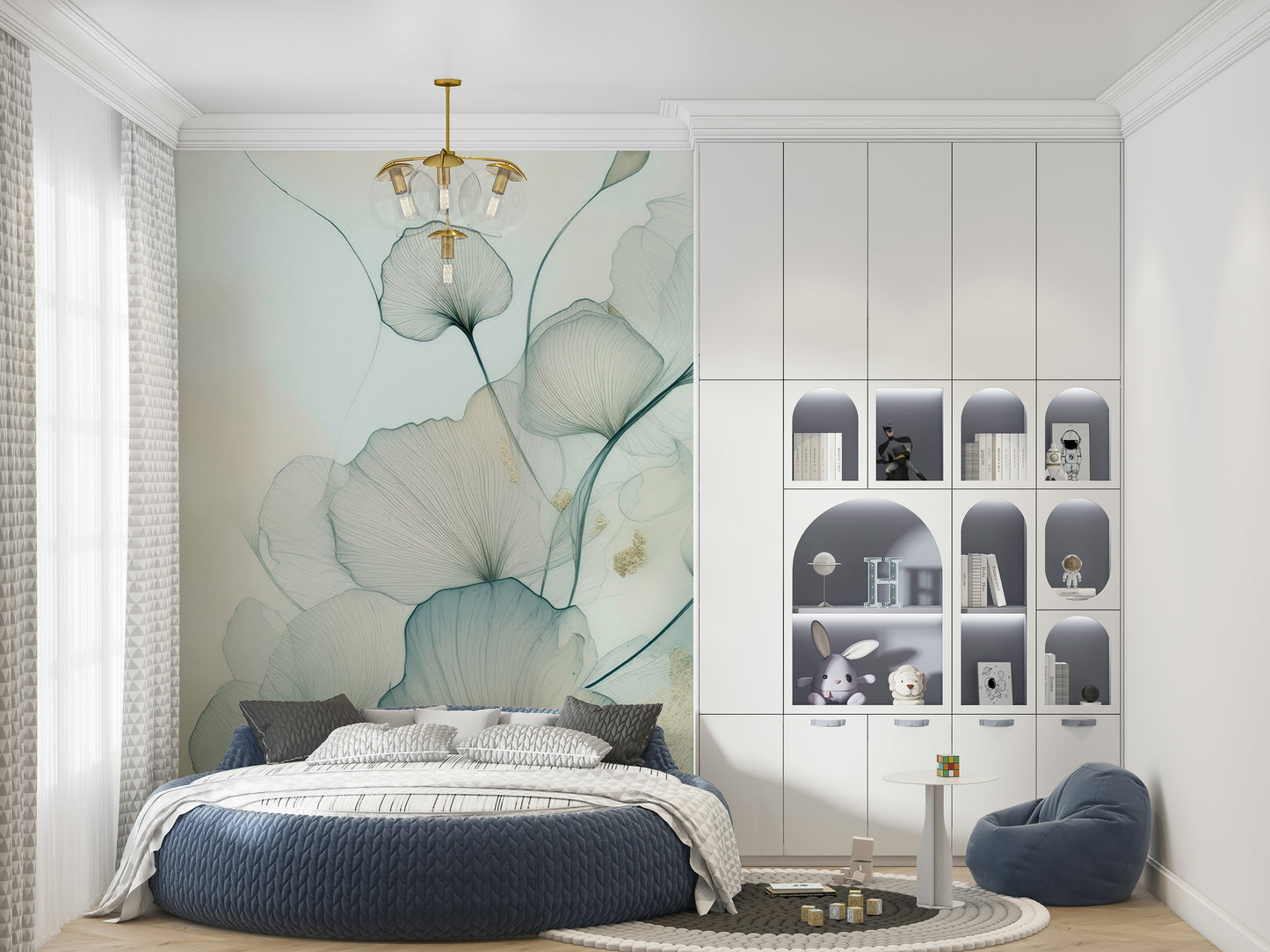 Translucent Teal Petals Wall Mural enhancing a bright, open space.