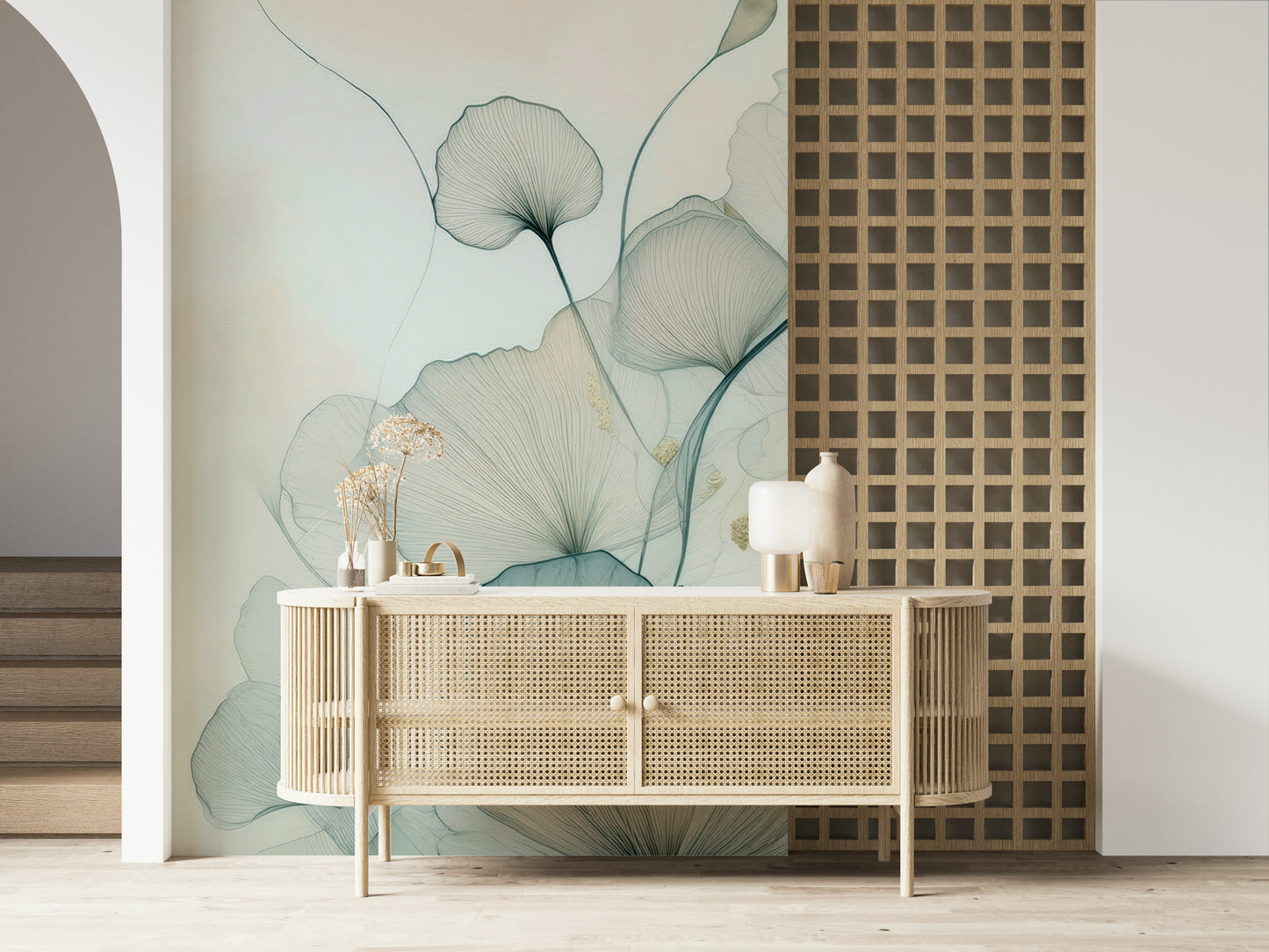 Desk area backed by the beautiful Translucent Teal Petals Wall Mural.