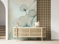 Desk area backed by the beautiful Translucent Teal Petals Wall Mural.