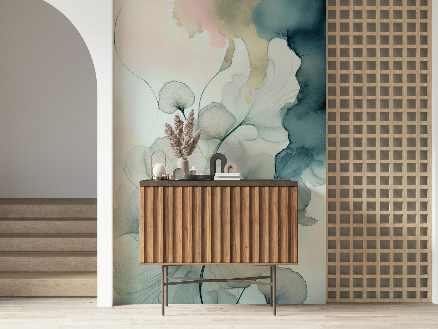 Artistic petal layers on the Translucent Teal Petals Wall Mural.