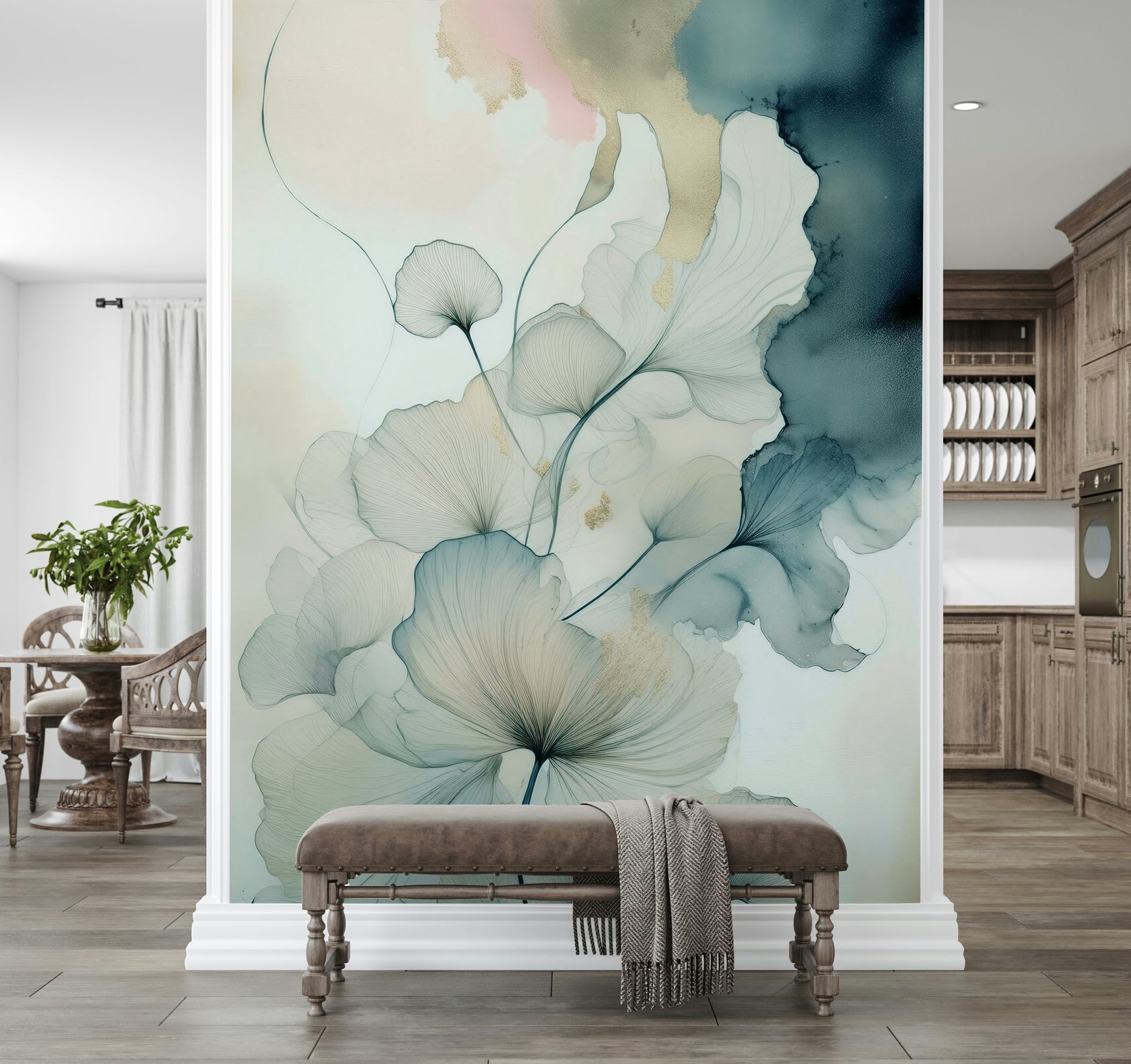 Bright kitchen area featuring Translucent Teal Petals Wall Mural.