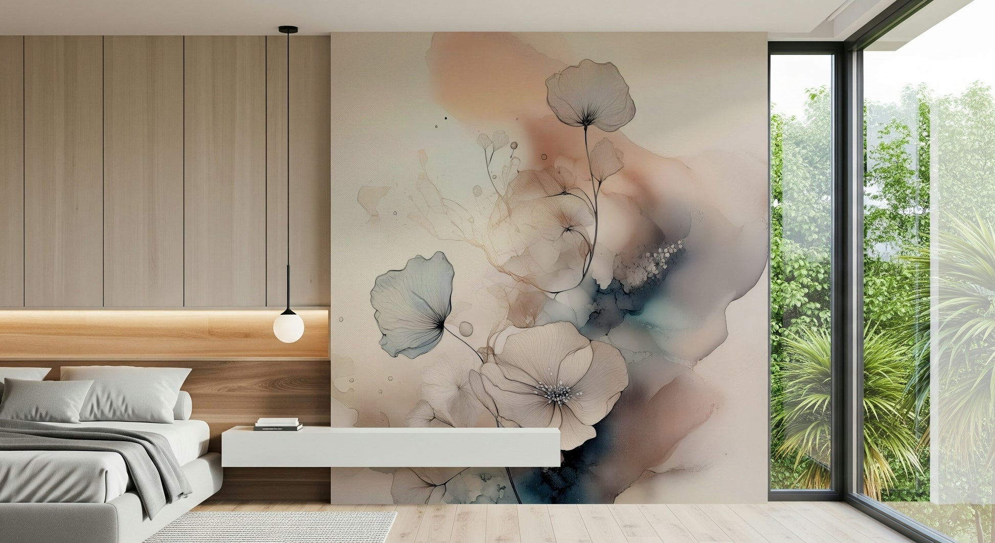 Contemporary hallway with the striking Watercolor Spiral Bloom Wall Mural.