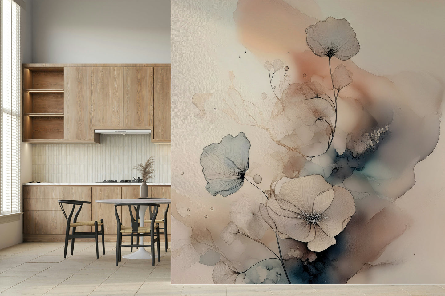 Bright living space featuring Watercolor Spiral Bloom Wall Mural.