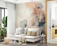 Sofa area against the beautiful Watercolor Spiral Bloom Wall Mural.