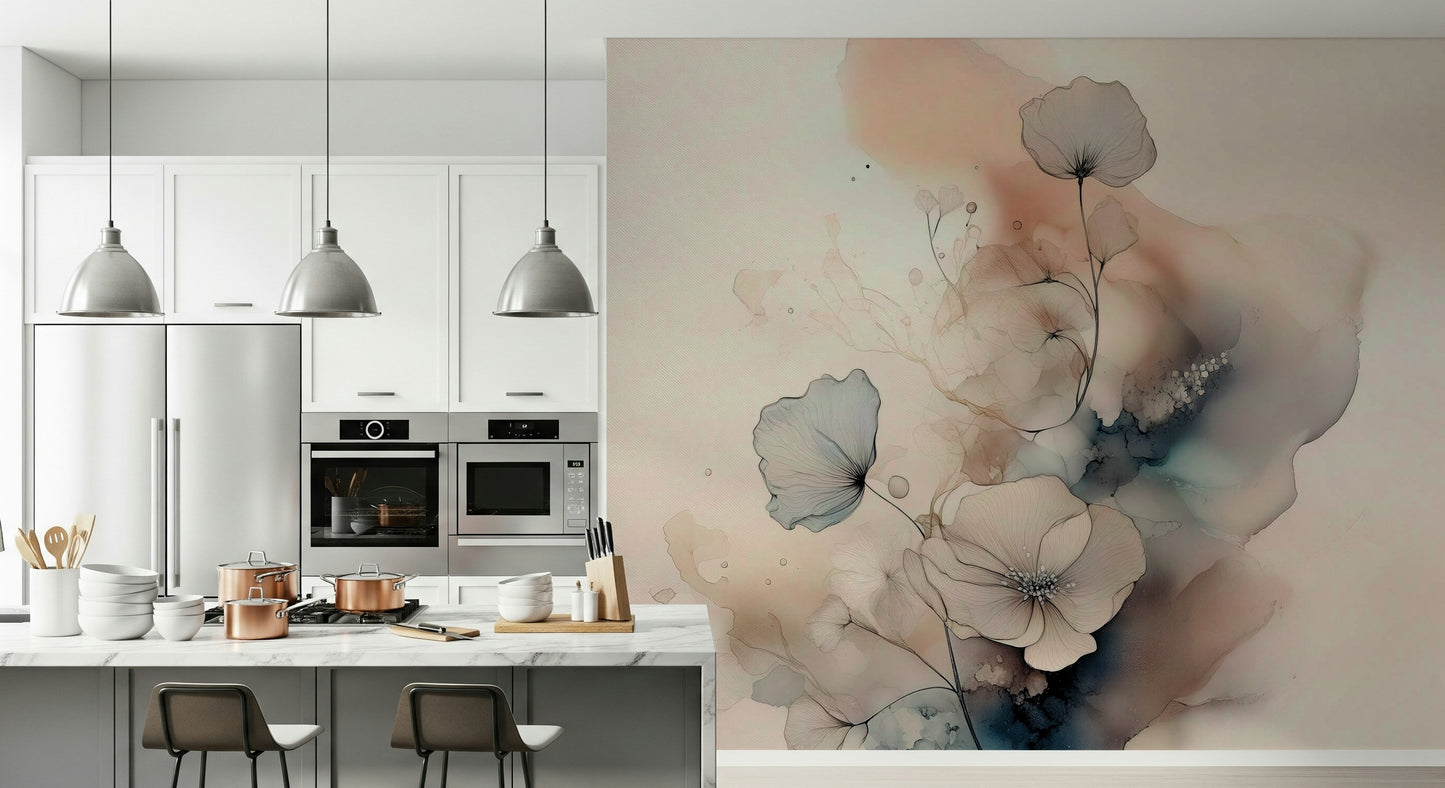 Dining room with the floral Watercolor Spiral Bloom Wall Mural backdrop.