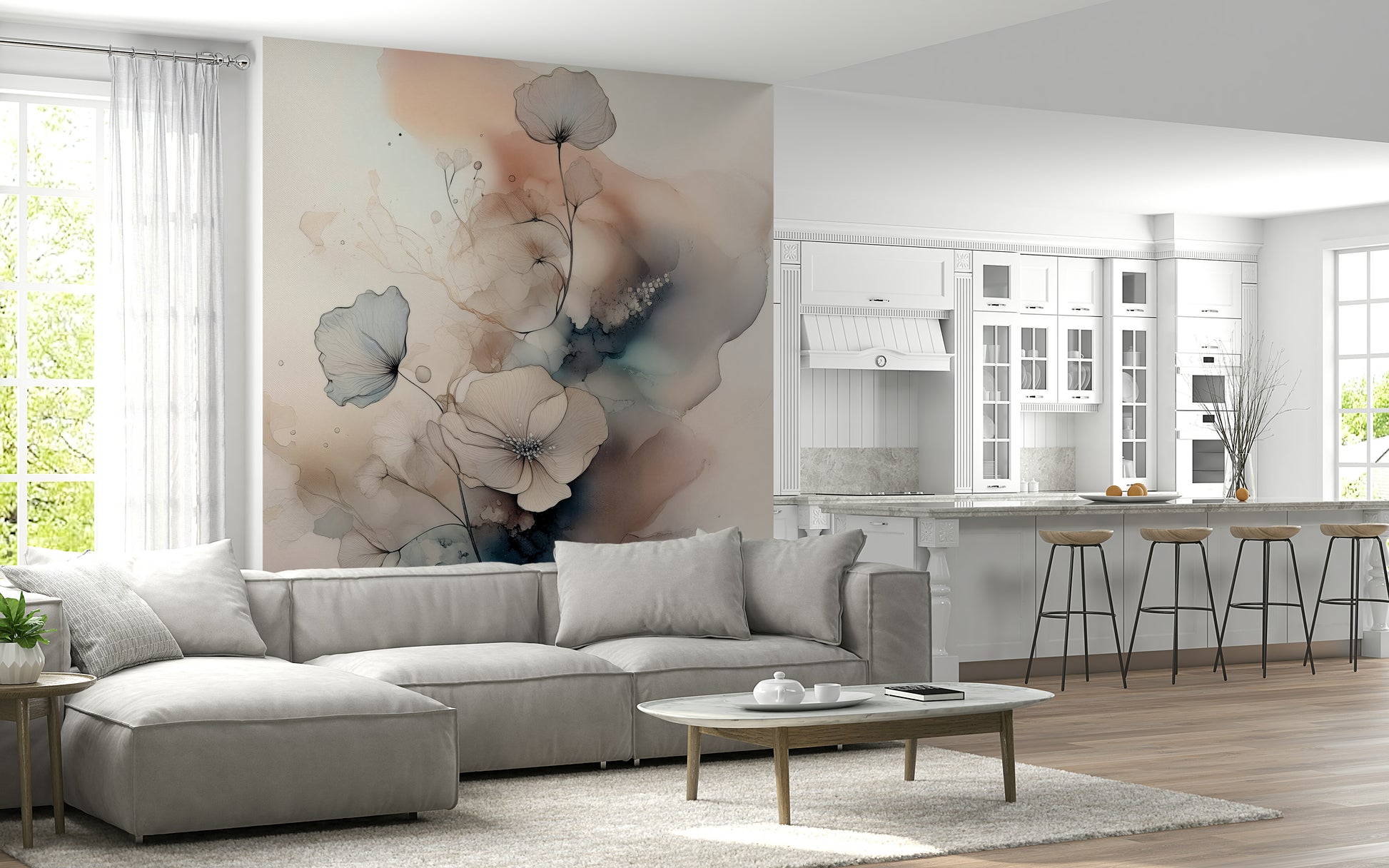 Watercolor Spiral Bloom Wall Mural creating a colorful focal point.