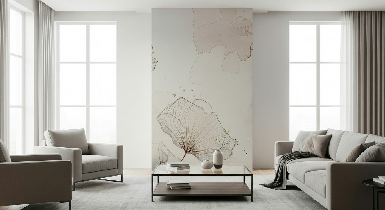Fine Ink Wash Flowers Wall Mural accents a chic reading nook.