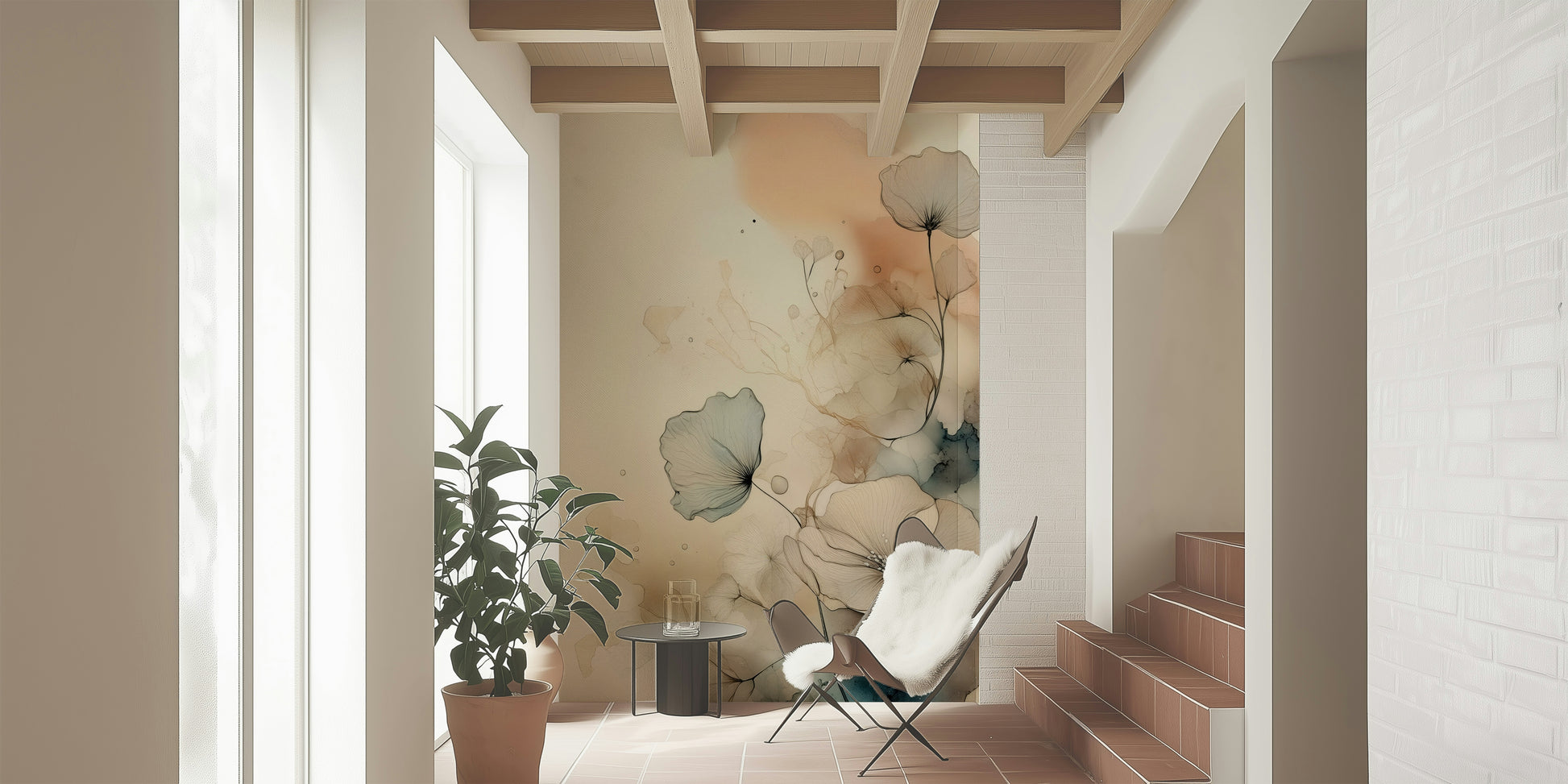 Home office with the contemplative Dusky Ink Petals Mural design.