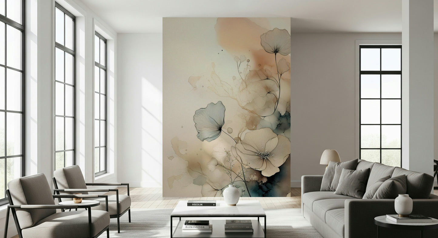 The dramatic, moody art of the Ink Petals wallpaper mural.