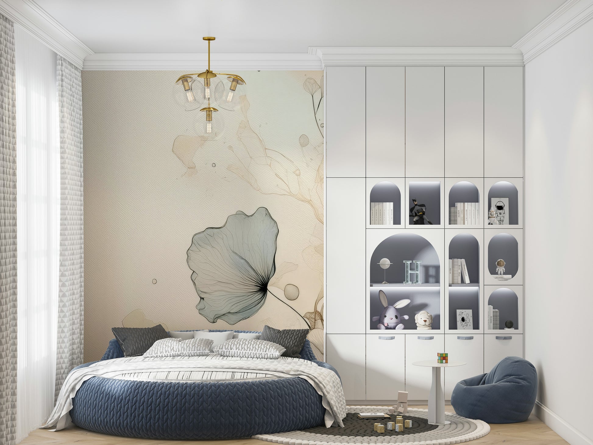 Dusky Ink Petals Wall Mural creates high drama in a sitting area.