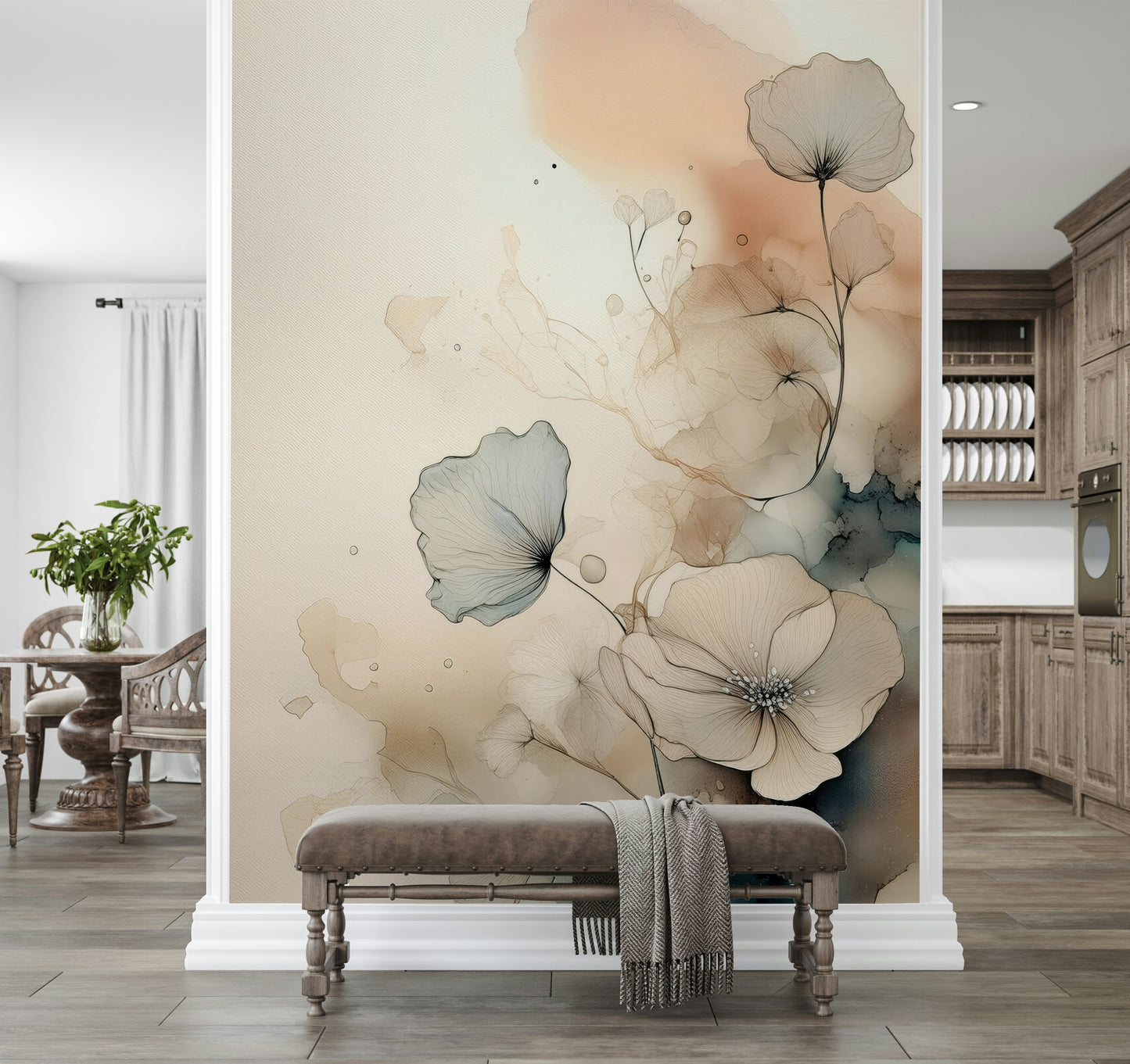 Dusky Ink Petals wallpaper for walls behind an elegant velvet sofa.