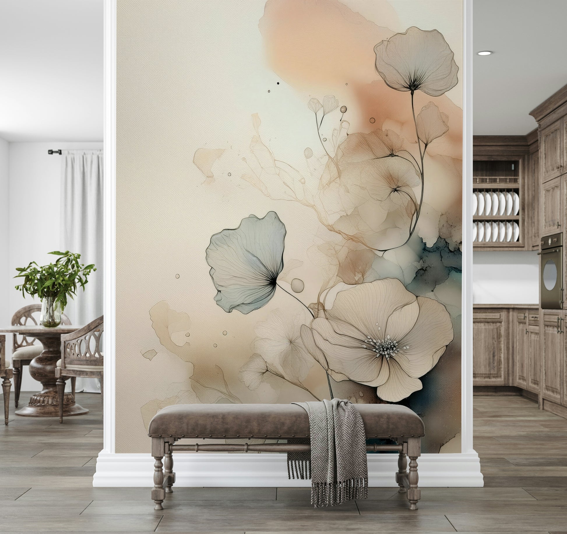 Dusky Ink Petals wallpaper for walls behind an elegant velvet sofa.