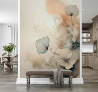Dusky Ink Petals wallpaper for walls behind an elegant velvet sofa.