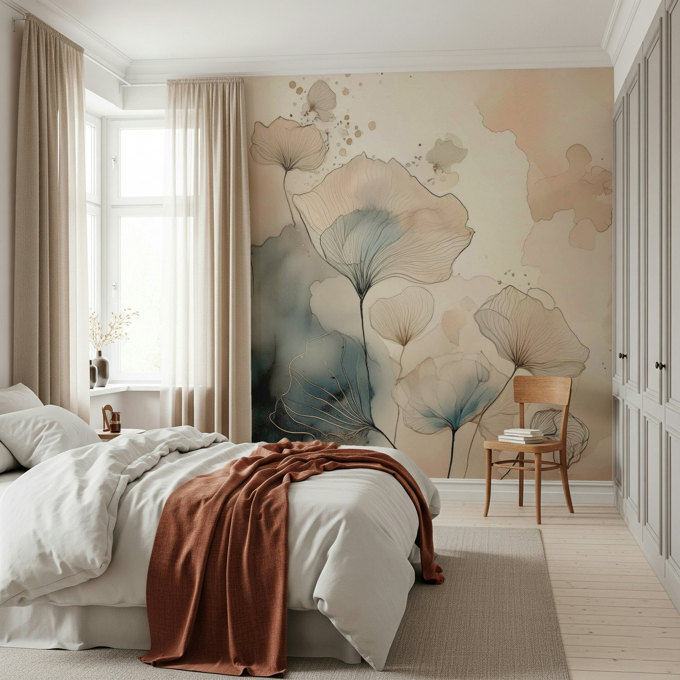Luminous Botanical Lines Wall Mural in a bright contemporary living room.