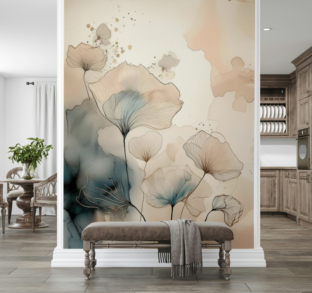 Metallic line art flowers on the Luminous Botanical Lines Wall Mural.