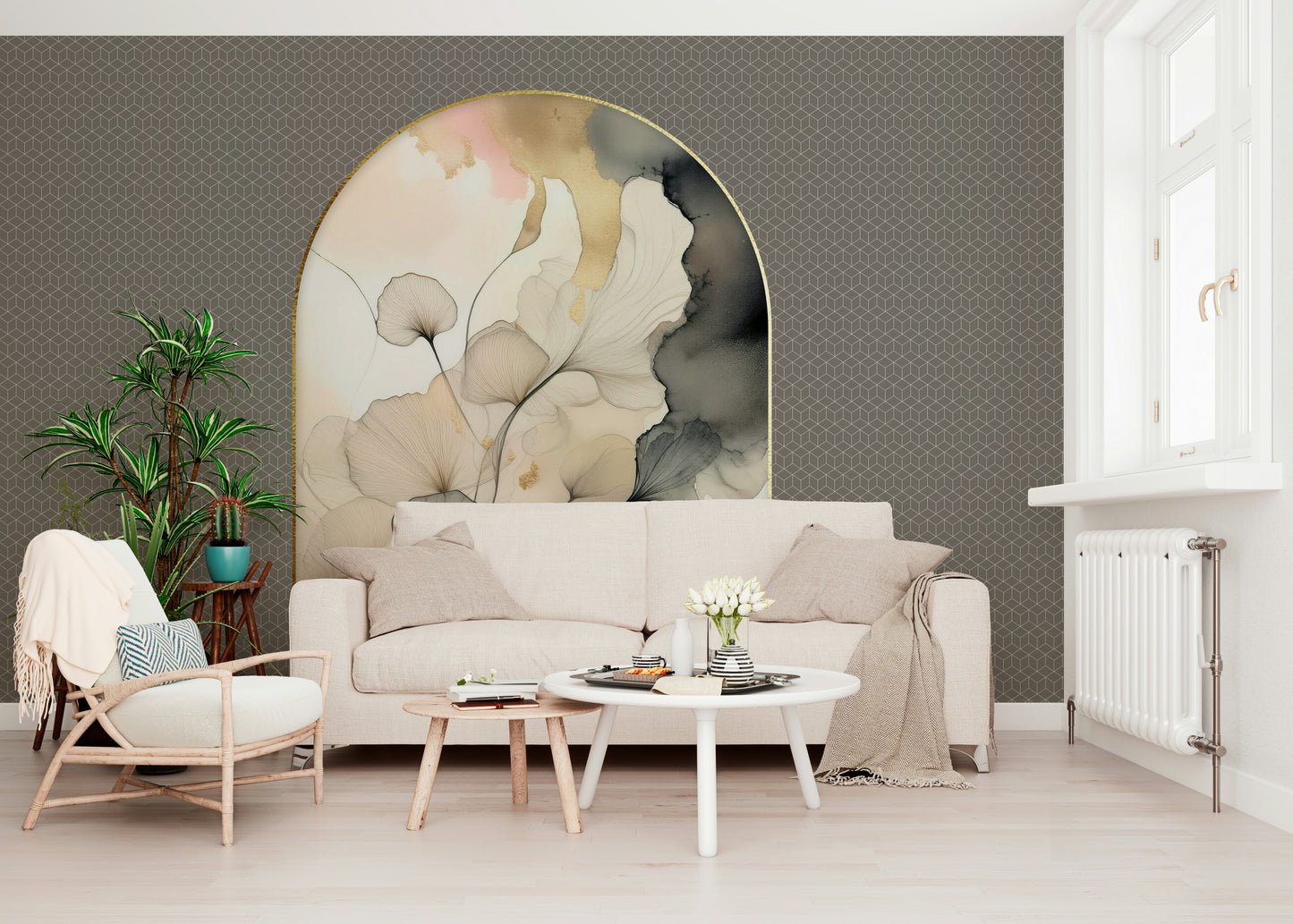 Elegant Gingko Archway wallpaper for walls behind a console.