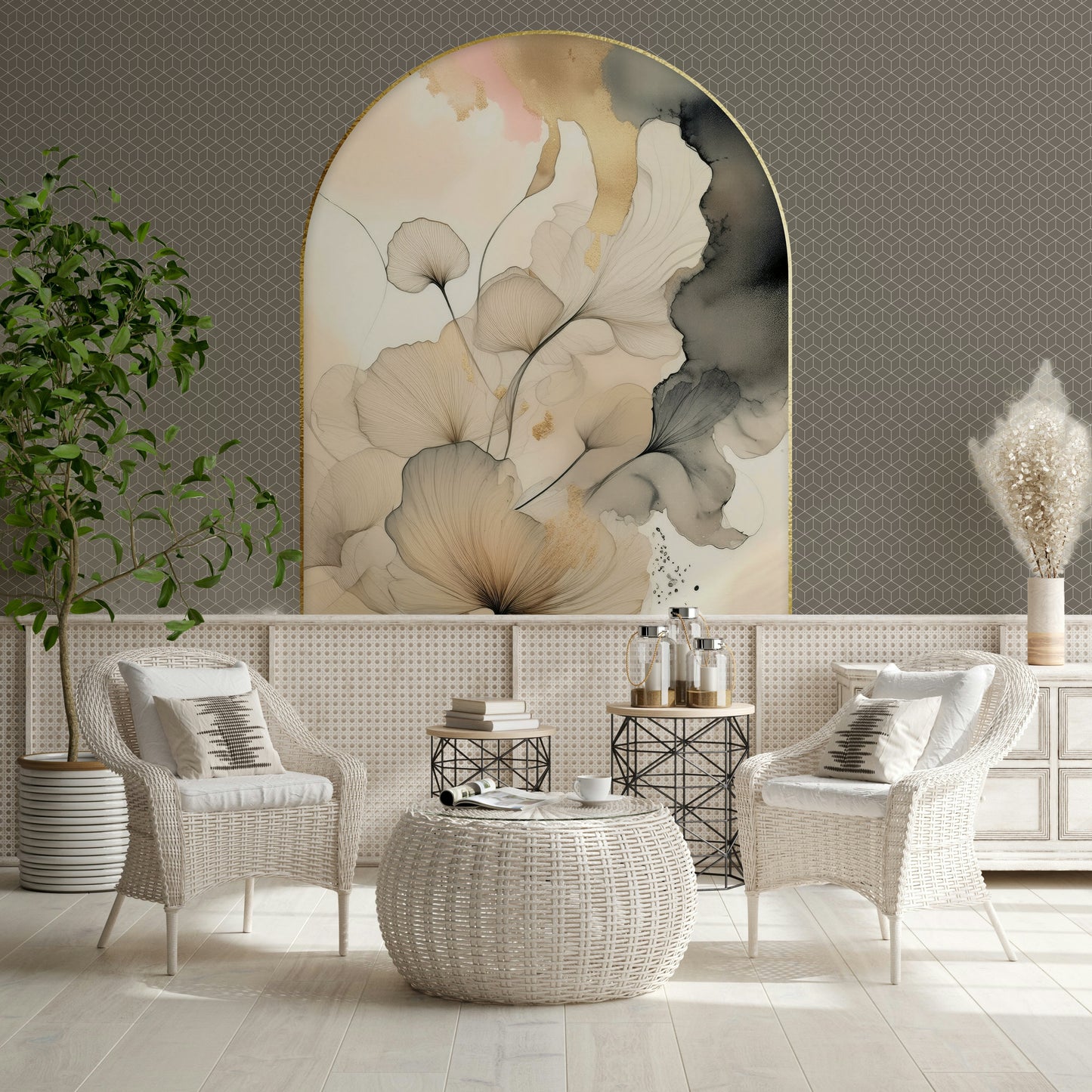Luxury living area with the tranquil Gingko Archway Mural design.