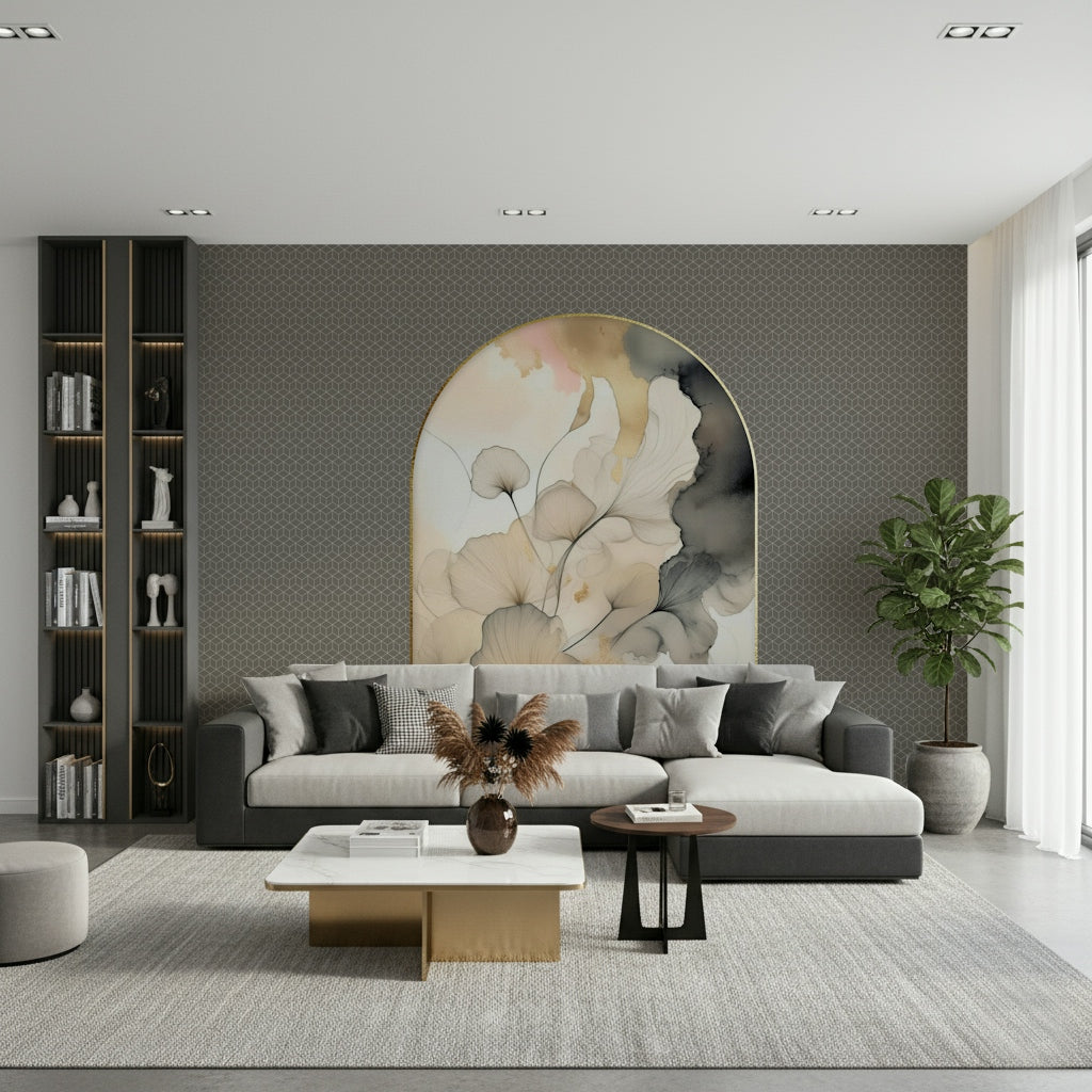The stylized, artistic flow of the Gingko Archway wallpaper mural.