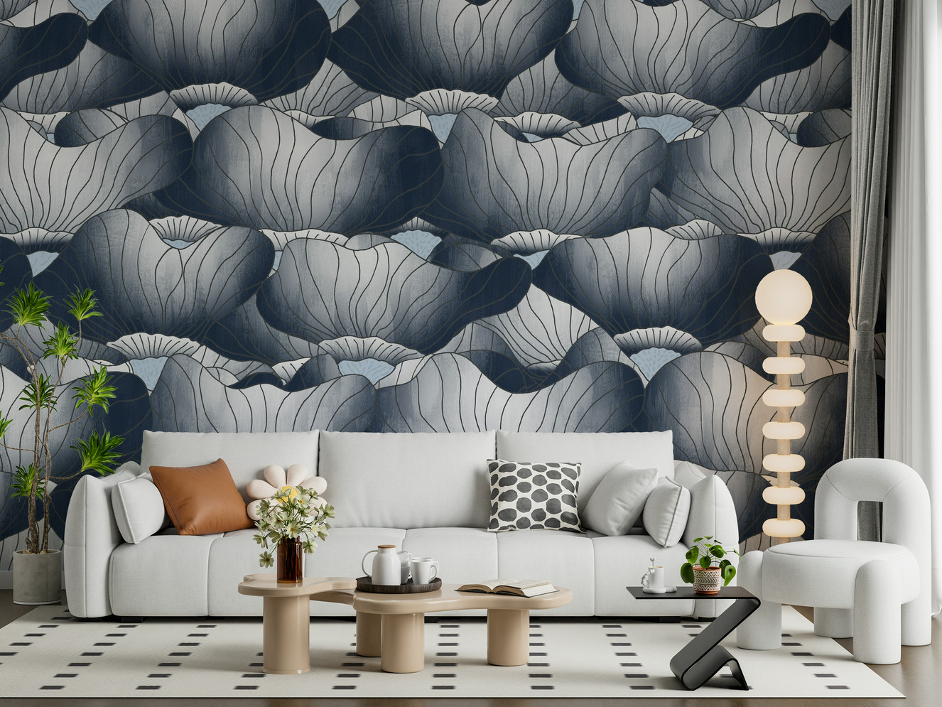 Navy Blue Botanical Bloom Waves Wall Mural enhances a modern bathroom.