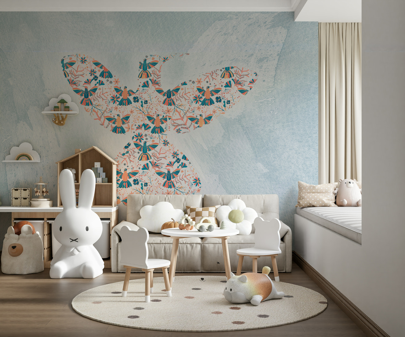 Floral Hummingbird Wall Mural adds soft color to a nursery.