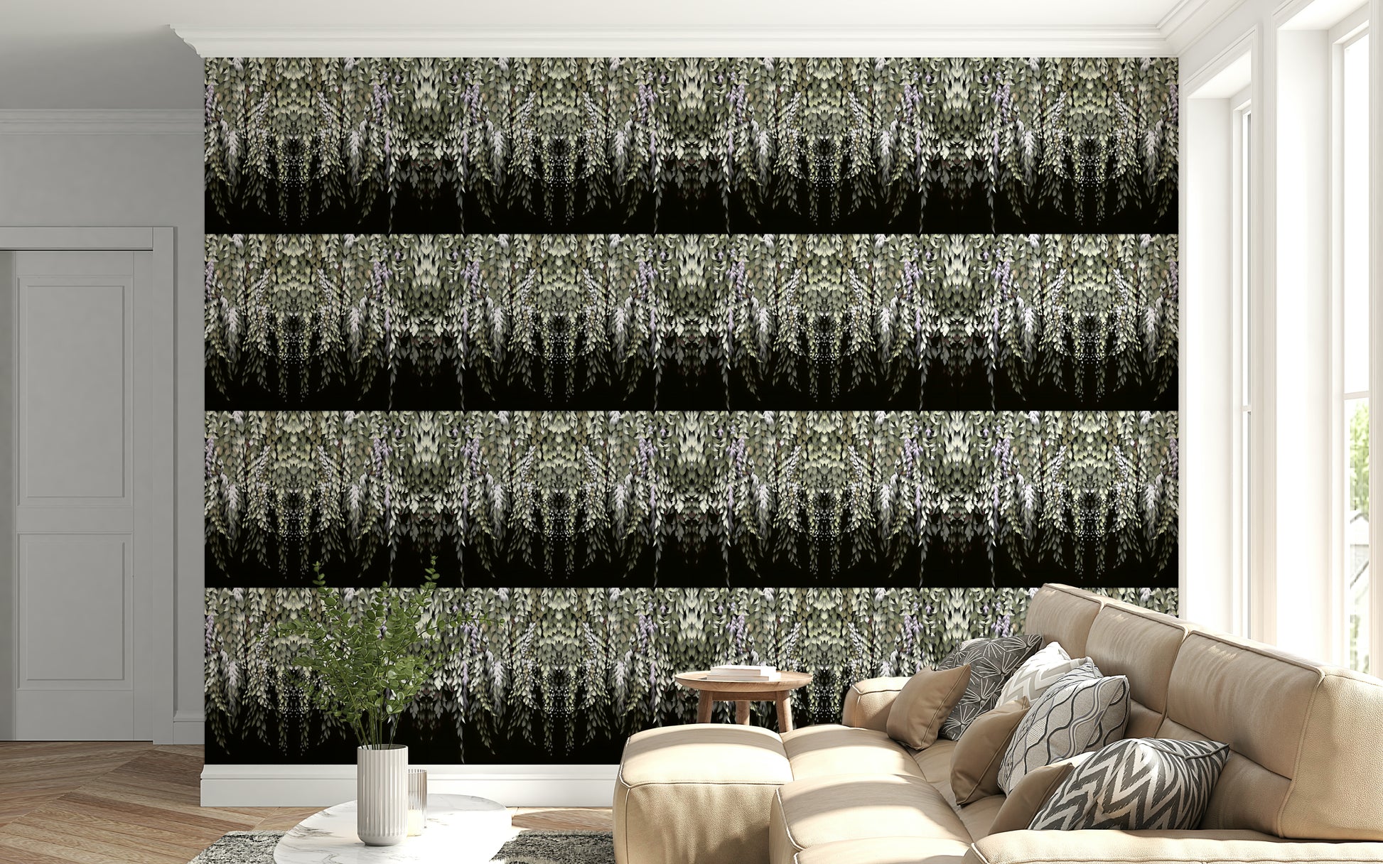 Wisteria Cascade peel and stick wallpaper in an elegant hallway.