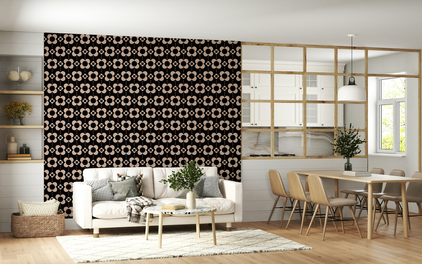 Designer interior featuring the bold 60s Charm Wallpaper design.